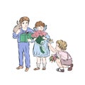 Boy giving flowers to girl. Design for retro greeting card